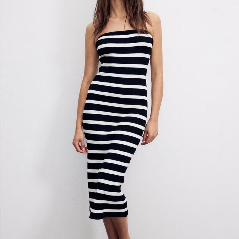 Striped Black and White Ribbed Tube Dress